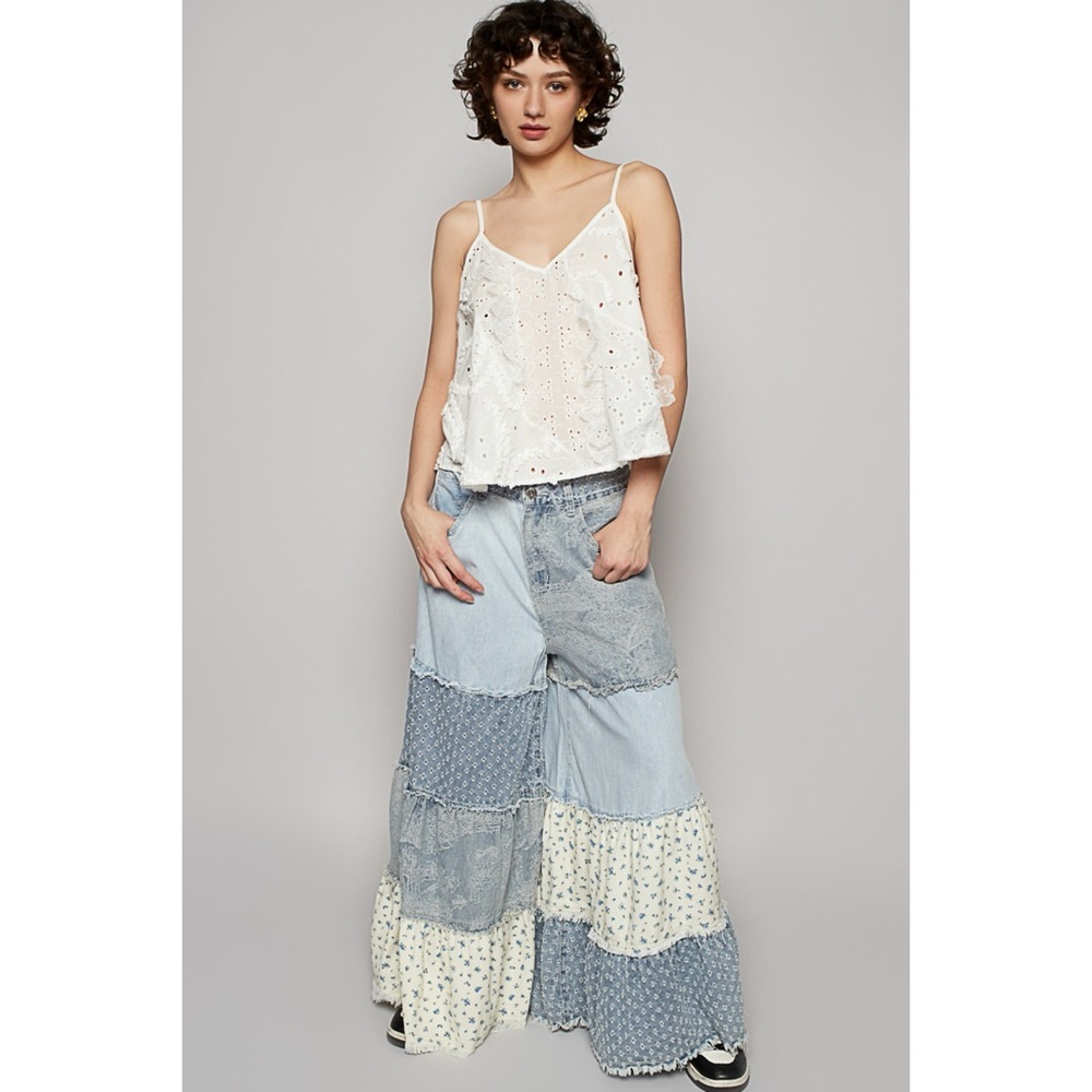 Mixed Denim & Floral Tiered Ruffle Exaggerated Wide Leg Patchwork Jeans - Picture 8 of 9